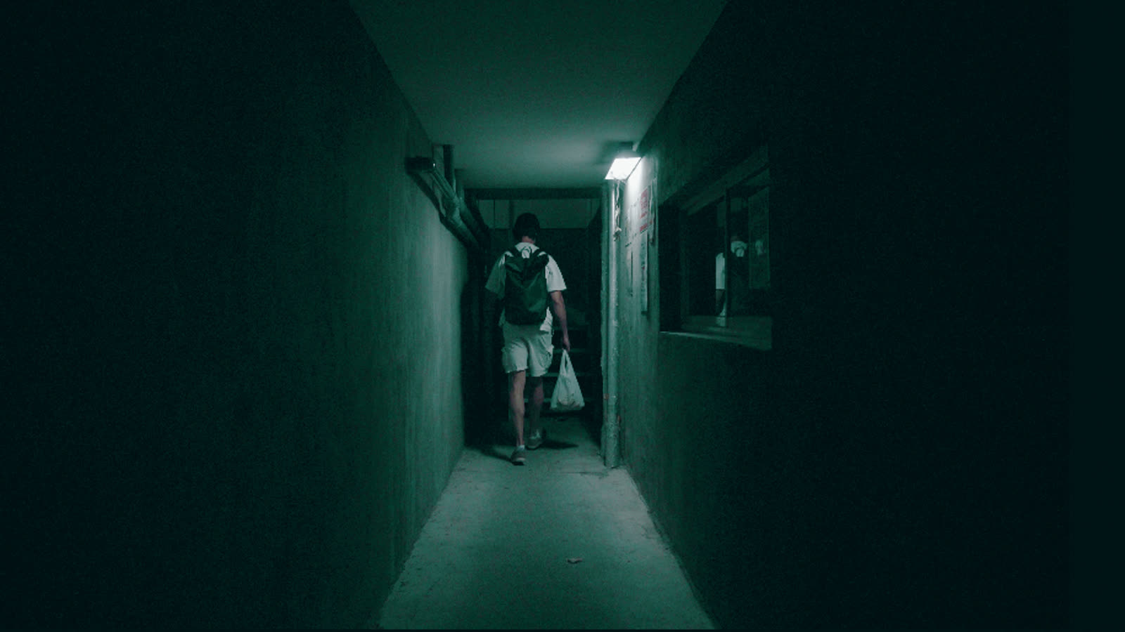 The same corridor through the Horror Green LUT: teal-green shadows, neutral white shirt, warm skin, the lamp still white