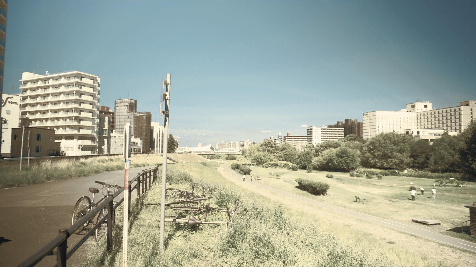 The same riverside blocks through the Panelka LUT: bleached concrete, a deep cold sky, muted grass and colour held back